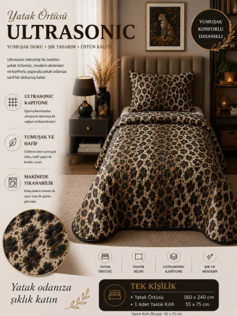 Tek Kişilik Kapitoneli Yastıklı Pike Takımı ( LEOPAR DESEN ) ( 160*240 Örtü )