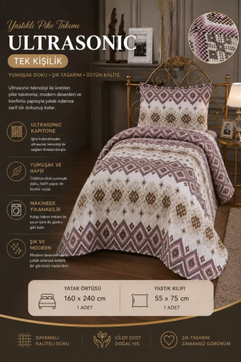 Tek Kişilik Kapitoneli Yastıklı Pike Takımı ( MOR MOZAİK ) ( 160*240 Örtü )