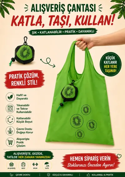 Katlanabilir Alışveriş Plaj Çantası (38x58) Kivi Desen