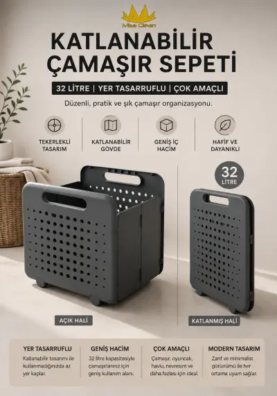 Missclean katlanabilir çok amaçlı çamaşır sepeti (32lt)