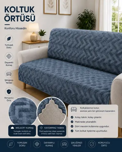 Welsoft Lüks Kumaş Kaydırmaz Koltuk örtüsü - Mavi